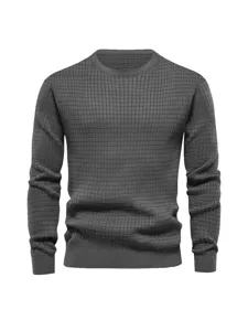 Men grey waffle knit long sleeve crew neck sweater casual pullover top for daily wear