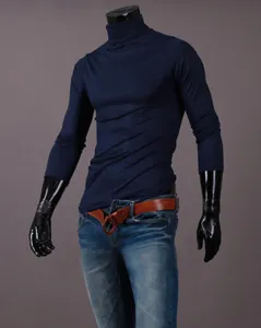 Men solid color turtleneck long sleeve slim fit knit sweater base shirt detail view.