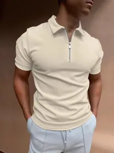Men's casual slim fit short sleeve lapel half zipper solid color polo shirt summer top