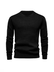 Men's black grid knit sweater casual long sleeve crewneck pullover top fashion stylish