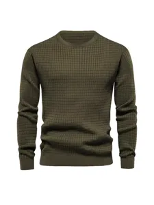 Men's dark green waffle knit long sleeve crewneck pullover sweater casual streetwear top
