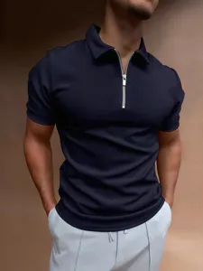 Men's solid color short sleeve polo shirt casual slim fit half zip lapel summer top