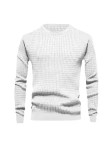 Men's White Waffle Knit Long Sleeve Crewneck T-Shirt Casual Pullover Top Main View