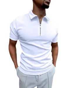 Men's solid color short sleeve polo shirt with zipper lapel casual summer top for men