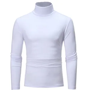 Men's white turtleneck long sleeve slim fit solid knit base t-shirt basic top variant.
