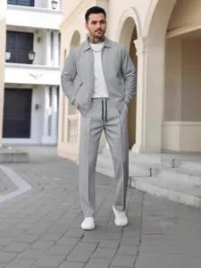 Tuta Casual da Uomo Autunno Gioventù Cerniera Waffle Tasche Risvolto Giacca Slim Fit e Pantaloni Casual Set Abbigliamento Sportivo
