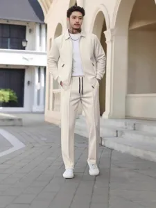 Tuta sportiva casual da uomo in tessuto waffle giacca con zip e pantaloni autunno