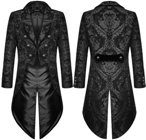 Men's gothic steampunk black brocade tailcoat jacket featuring front and back detail.