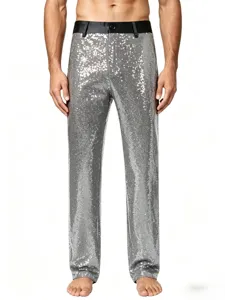 Men's silver sequin dress pants, featuring a sleek black waistband, ideal for stage and party.