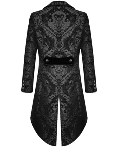 Back detail of men gothic steampunk tailcoat jacket, vintage black jacquard fabric.