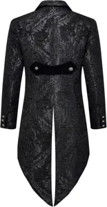Men's gothic steampunk tailcoat jacket in black jacquard brocade rear view detail