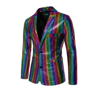 Veste de blazer brillante à sequins arc-en-ciel pour homme, soirée club et événements.
