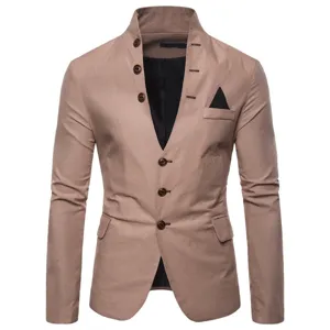 Veste de blazer décontractée pour hommes col stand kaki multi-boutons élégante coupe slim vêtements
