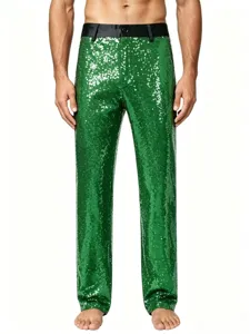 Men's bright green sequin trousers, stylish slim fit pants for stage dance performance.