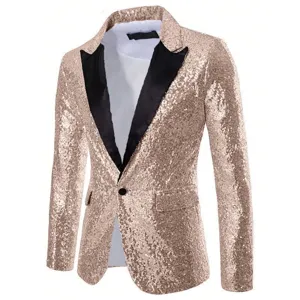 Blazer homme paillettes dorées brillantes revers noir un bouton veste de scène fête spectacle