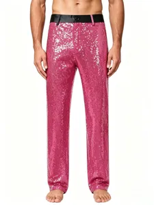 Close up of pink sequin trousers, sparkly stage performance dance pants texture details