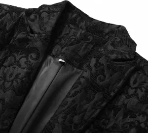 Men's gothic steampunk jacquard jacket detail, premium black brocade fabric and lapel design.