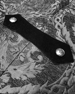 Gothic steampunk jacket fabric detail with ornate metal buttons and black damask pattern.