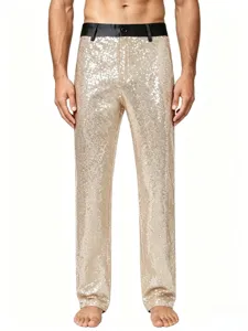 Men's gold sequin trousers stage performance slim fit party dance trousers detail view