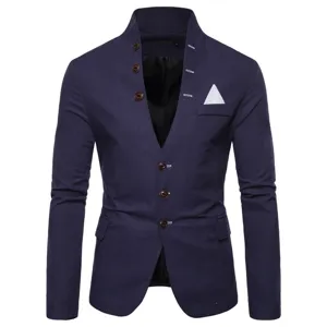Blazer Casual Homme Col Montant Bleu Marine Plusieurs Boutons Veste Mode Slim Fit
