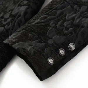 Gothic steampunk men jacket sleeve detail, black brocade jacquard fabric with metal buttons.