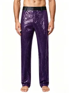 Men purple sequin dress pants detail view, shinny stage performance trousers for party.