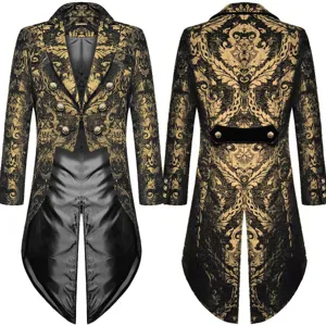 Men's gothic steampunk tailcoat jacket in black and gold brocade for stylish events.
