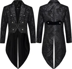Men vintage gothic steampunk tailcoat jacket black brocade fabric intricate details view.
