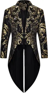 Men's gothic steampunk tailcoat jacket, black and gold brocade vintage swallowtail coat.