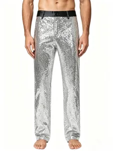Men's silver sequin trousers, dazzling stage performance pants, perfect for parties and events.