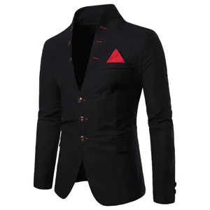 Blazer casual noir pour homme avec col montant pochette rouge et boutons élégants