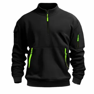 Men's half-zip tactical stand collar sweatshirt with multi-pockets and neon green accents.