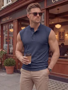 Men's summer casual ribbed knit sleeveless tank top with henley button neck detail.