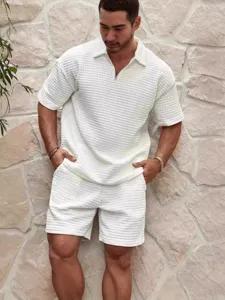 Men's Casual Waffle Grid Sports Tracksuit Short Sleeve Half Zip Polo Shirt And Shorts Two Piece Set Summer Outfit
