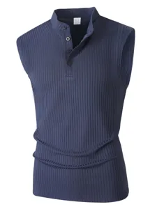 Men's ribbed knit sleeveless henley shirt summer slim fit casual tank top view detail