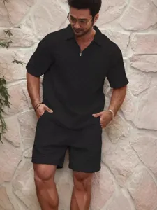 Men summer waffle knit polo shirt and shorts set casual solid color two piece outfit new