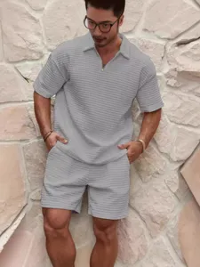 Men Summer Waffle Knit Polo Shirt and Shorts Set Casual Sportswear Tracksuit Grey