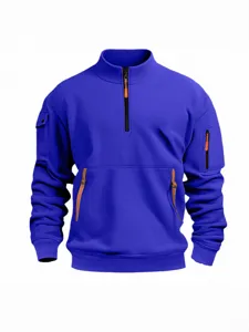 Men's Stand Collar Half Zip Sweatshirt Casual Long Sleeve Solid Color Pullover Top With Multi Pockets Fleece Lined