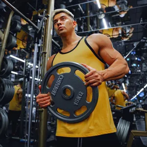 Herren gelbes Fitness Tanktop Detail mit ärmellosem Sportdesign und atmungsaktiver Stofftextur.