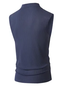 Detail view of a men's navy blue ribbed knit sleeveless vest, showing back texture and fit.
