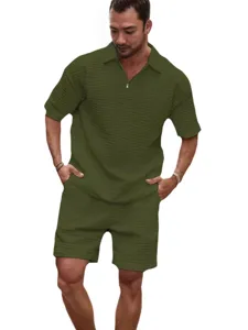 Mens Summer Waffle Knit Polo Shirt and Shorts Casual Two Piece Outfit Solid Color