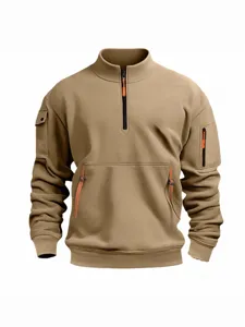 Men's casual stand collar quarter zip sweatshirt with multi pockets long sleeve solid top