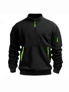 Men's Black Half-Zip Stand Collar Sweatshirt with Multi Pockets Long Sleeve Pullover