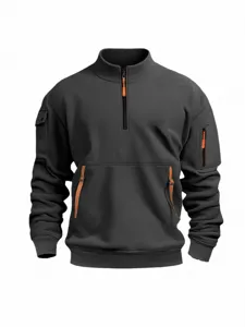 Men's Casual Stand Collar Half-Zip Sweatshirt Long Sleeve Multi-Pocket Dark Grey Pullover Top