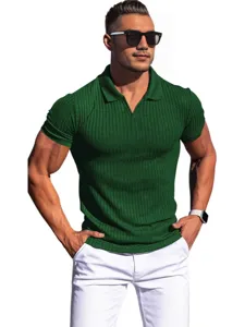 Men's green ribbed short sleeve polo shirt with lapel V-neck design for summer casual wear.