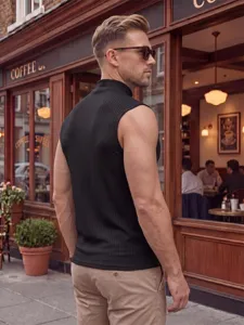 Men's black ribbed knit slim fit sleeveless mock neck tank top for casual summer wear
