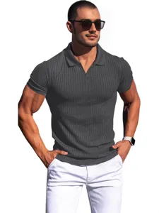 Men's summer ribbed knit short sleeve V-neck polo shirt casual slim fit dark grey top