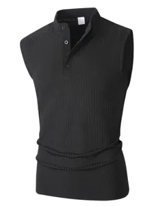Detail shot of the black ribbed sleeveless tank top showcasing the textured fabric and button placket.