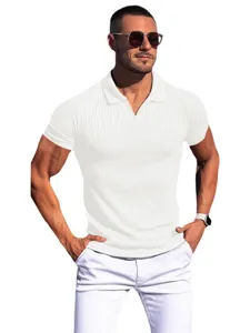 Men's white ribbed short sleeve polo shirt casual summer V-neck lapel top clothing.