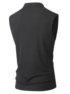 Back view detail of men black ribbed knit sleeveless tank top, slim fit summer gym workout.